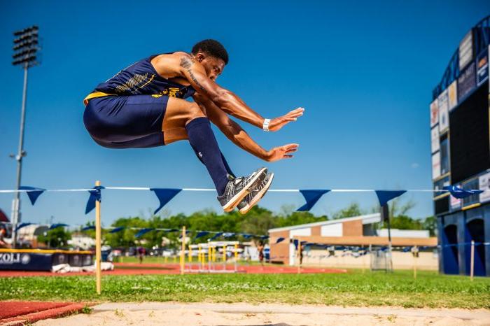 A track and field athlete is depicted in mid-air over a long-jump sand pit.